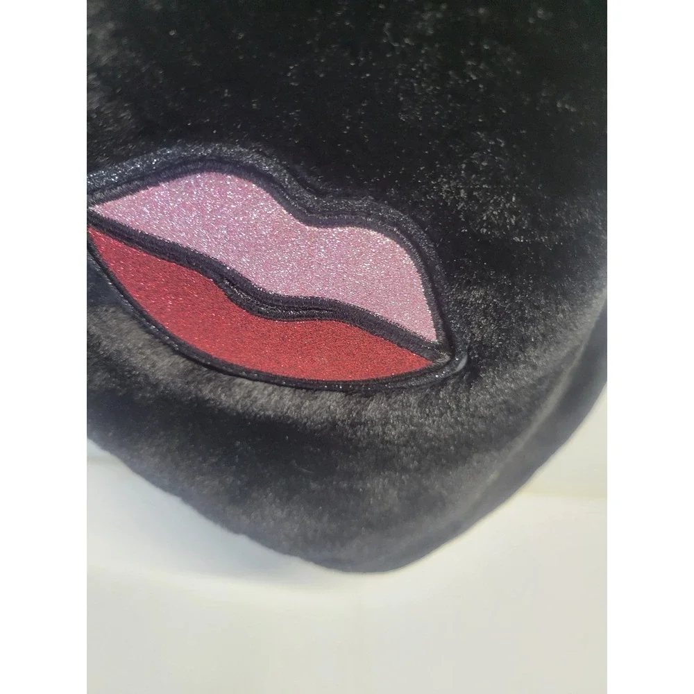 NWT Victoria's Secret Black Faux Fur Christmas Stocking Lips Heart‎ Diamond Bow